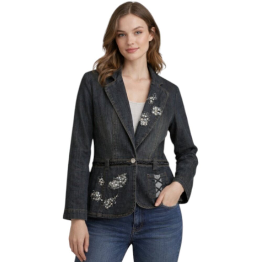 2/$35+$9.99ShipPanitti Fitted Stretch Sequin Deep Denim Blue Embroidered Jacket
